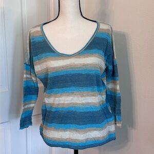 Lucky Brand Blue and Tan Striped Long Sleeve Top